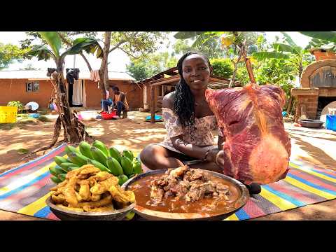 African village Girl Makes Simple Beef Stew Dinner For Family with Rain Storm 🌩 ⛈️