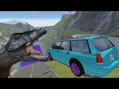 High Speed Jump Crashes Over T-Rex Dinosaur In Purple Pool - BeamNG Drive