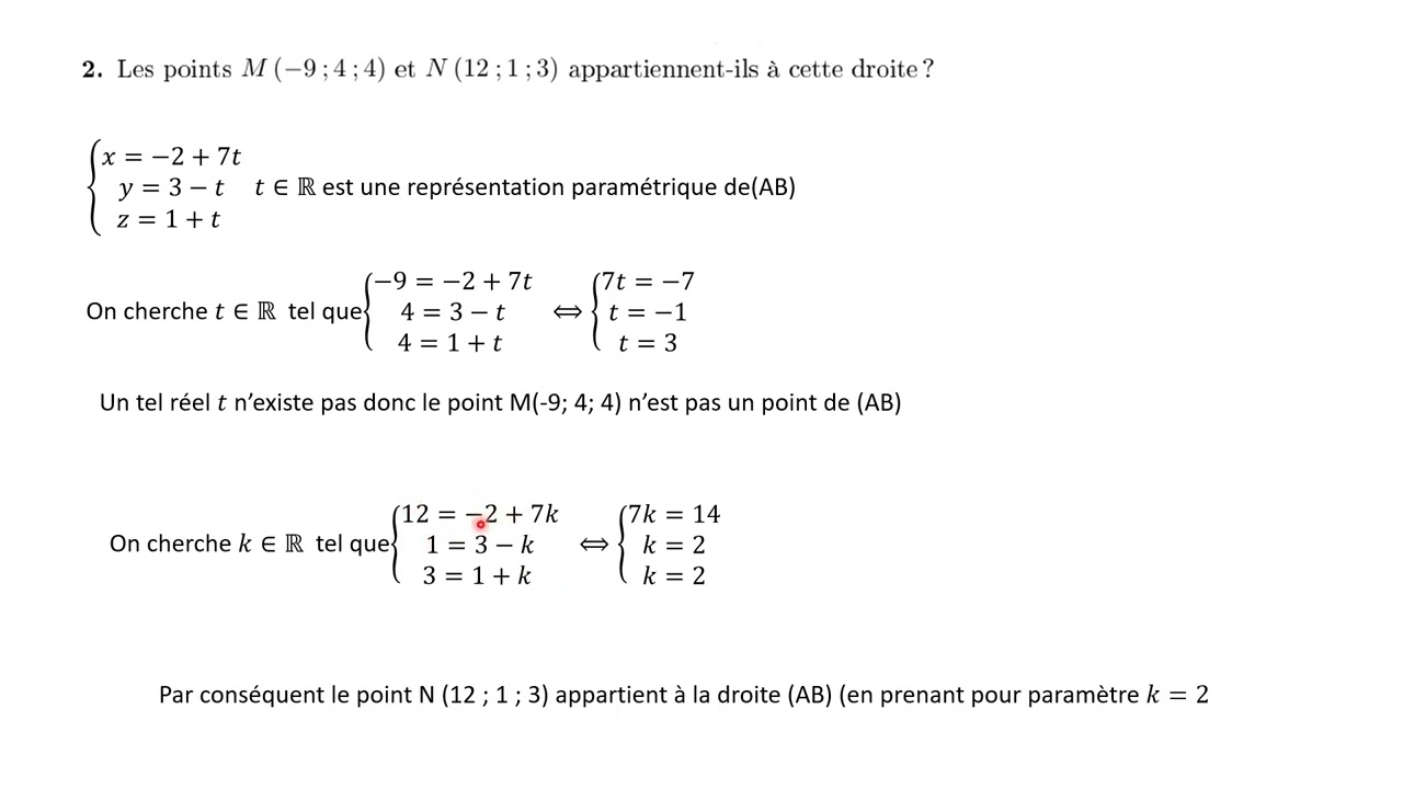 Représentation paramétrique d'une droite et application