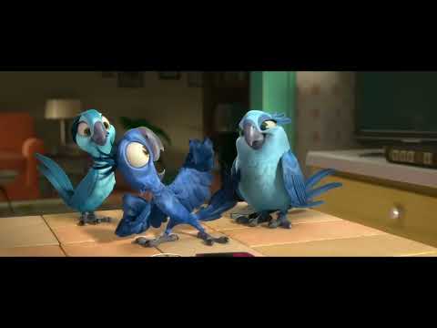 Trailer image: Blu and Jewel banking over the Amazon canopy as drums rise