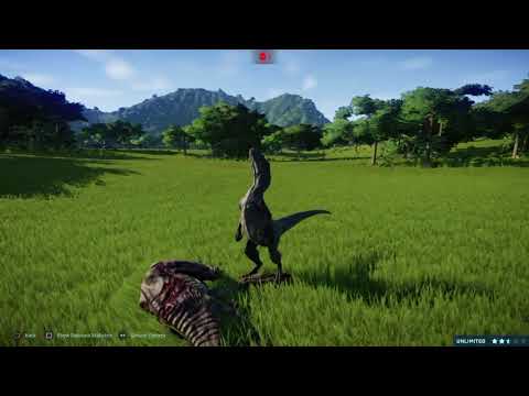 Jurassic World Evolution Velociraptor eating the carcass of Gallimimus