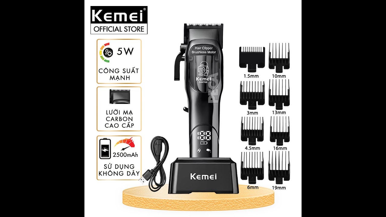 Tông đơ cắt tóc chuyên nghiệp Kemei KM-1766 lưỡi cắt mạ carbon DLC cao cấp có động cơ không chổi than màn hình LCD hiển thị công suất 5W - Chính hãng