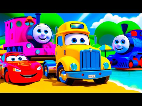 Monster Trucks Potholes Flatbed Long Trailer Truck Car Rescue Bus - Cars vs Trains - BeamNG.drive