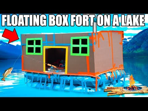 24 HOUR BOX FORT BOAT ON A LAKE!! 📦💧FISHING, HUGE WAVES, REAL SHOWER & 3:00AM SCARY ISLAND 😱 Video