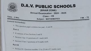 DAV Class 7 Maths Annual Yearly Question paper 2024-2025, DAV class 7 Mathematics question Paper.