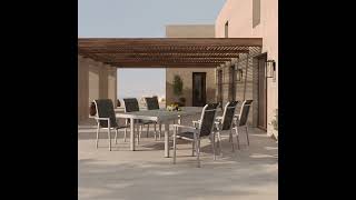 KETTLER BasicPlus Pro Garten-Essgruppe, silber/anthrazit, Alu/Textilene, ausziehbarer Tisch 180/240 x 100 cm, 6 Stapelsessel