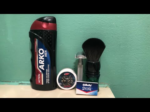 PAA atomic age bay rum, iKon OG1 razor, Gillette Wilkinson sword blade, with arko action aftershave