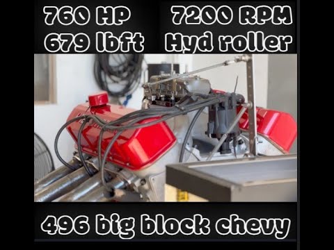7000 RPM BBC 496 760 HP high compression build over 12:1 4150 style carb dyno pull
