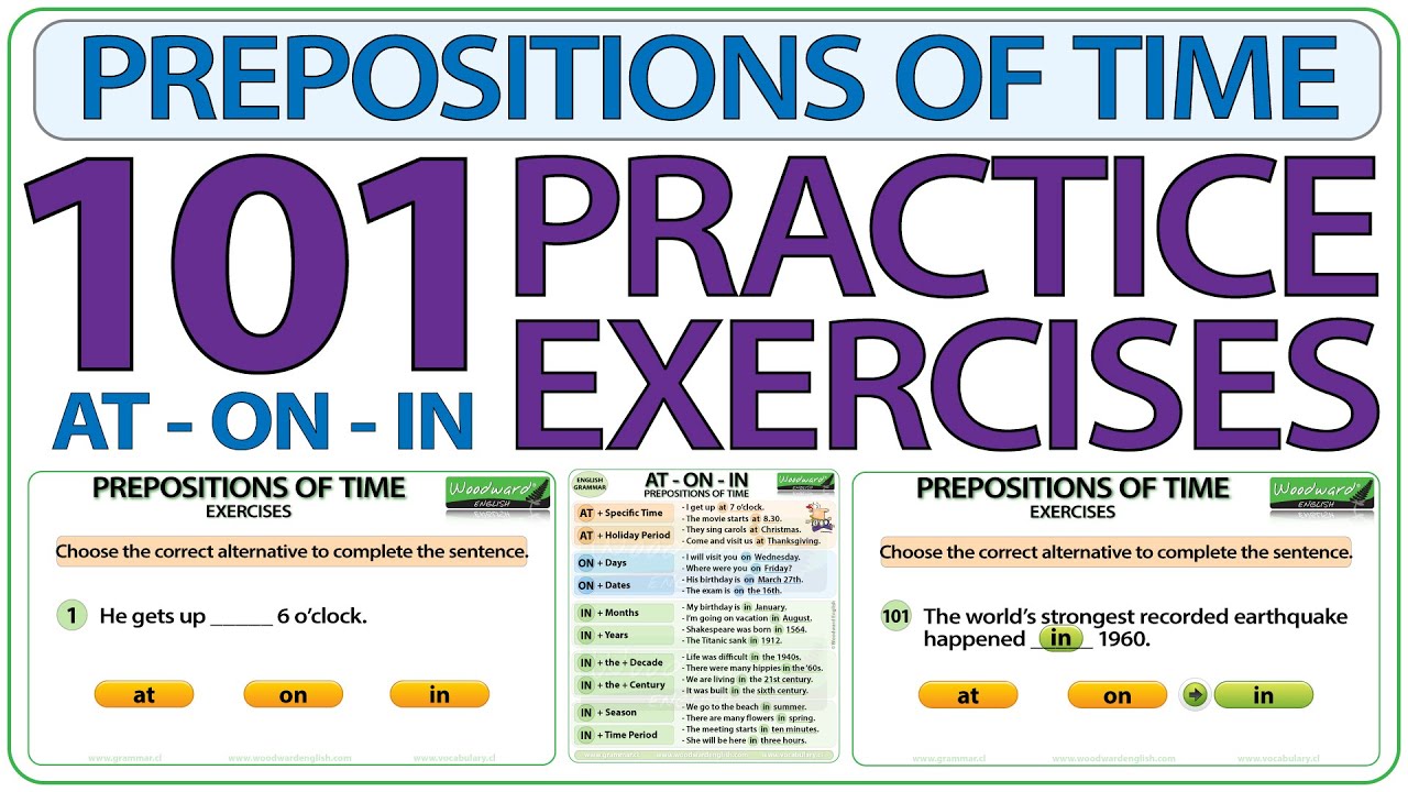 Prepositions of Time AT ON IN | 101 Practice Exercises to learn English Prepositions | ESOL Quiz