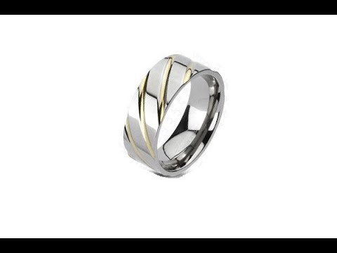 Biżuteria - Tytanowy pierścionek - srebrny, złote paseczki