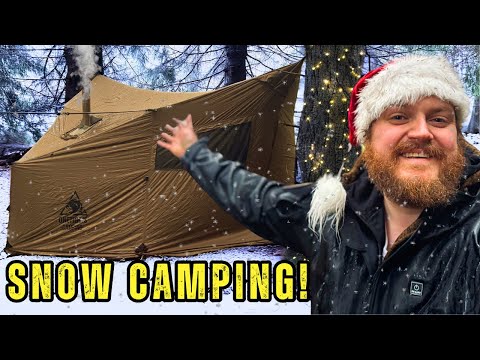 HOT TENT Camping In The SNOW & RAIN! - Beef Spit Roast CHRISTMAS DINNER! -  OneTigris CozShack