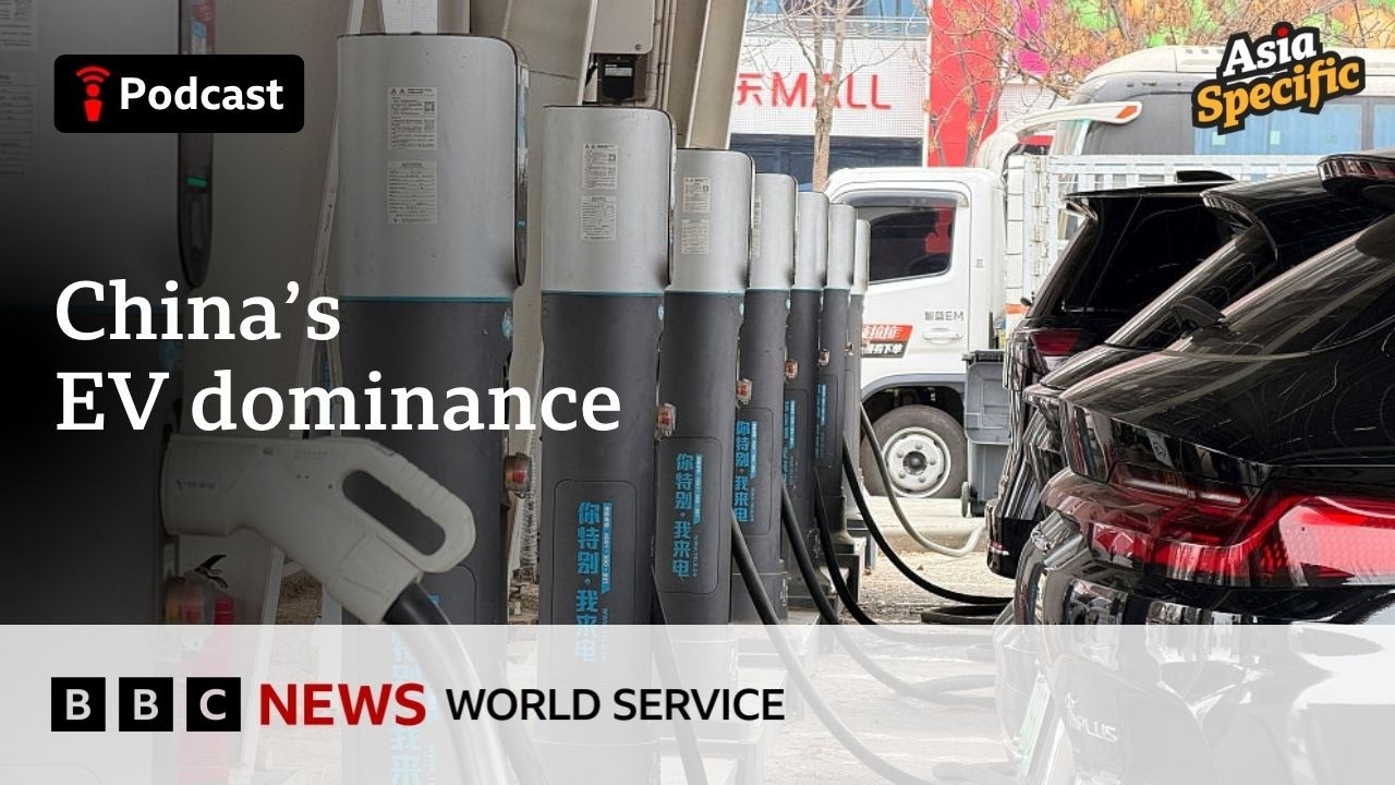 BBC World Service Asia Specific podcast thumbnail with hosts discussing China's EV dominance in the Asia Pacific region