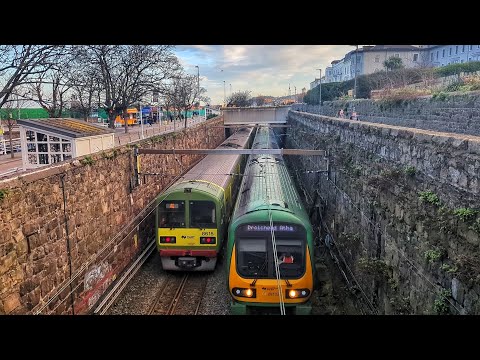 Irish Rail 8510 class Dart Train+ 29000 class commuter train crossover at Dún laoghaire.