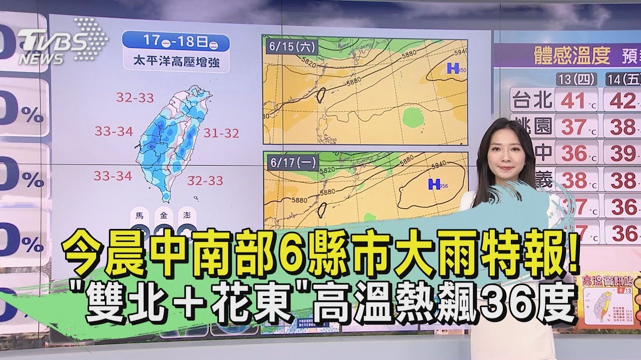 今晨中南部6縣市大雨特報! 「雙北+花東」高溫熱飆36度
