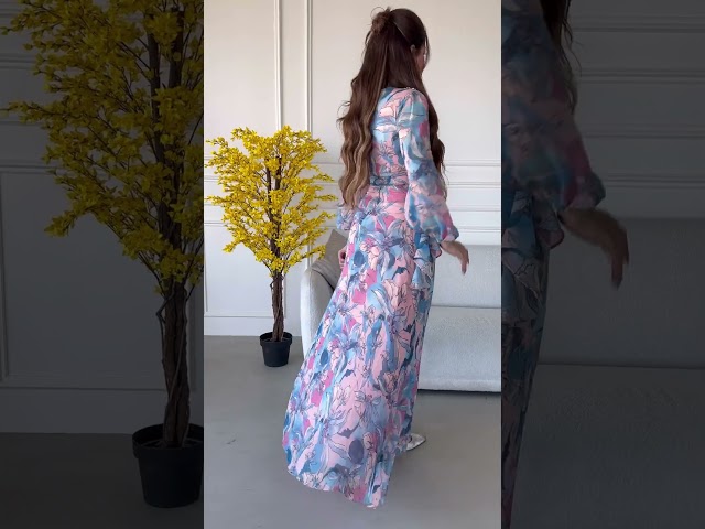 فستان شيفون طويل مشجر مورد بدرجه الوان متداخلة اكمام طويلة