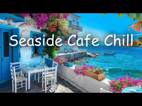Outdoor Seaside Coffee Shop Ambience with Positive Bossa Nova Jazz Music & Crashing Waves for Relax