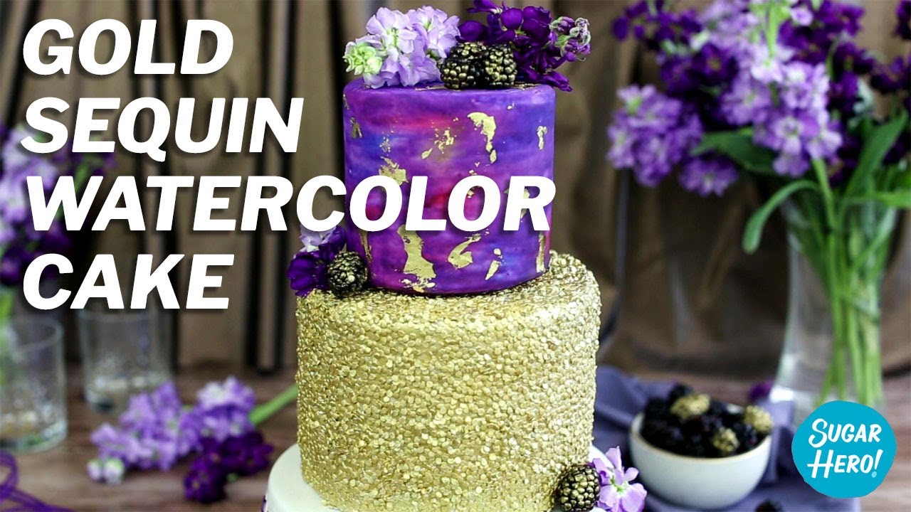Gold Sequin Watercolor Cake
