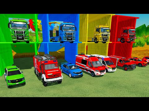 TRANSPORTING FIRE TRUCK, RESCUE and AUDI Q8, MERCEDES, CHEVROLET, DACIA with MAN TRUKS! FS22
