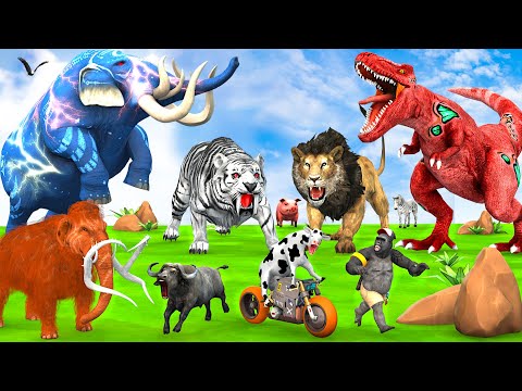 5 Giant Elephant Cow vs Zombie Dinosaur T-rex vs 10 Giant Lion Tiger Bull Saved By Woolly Mammoth