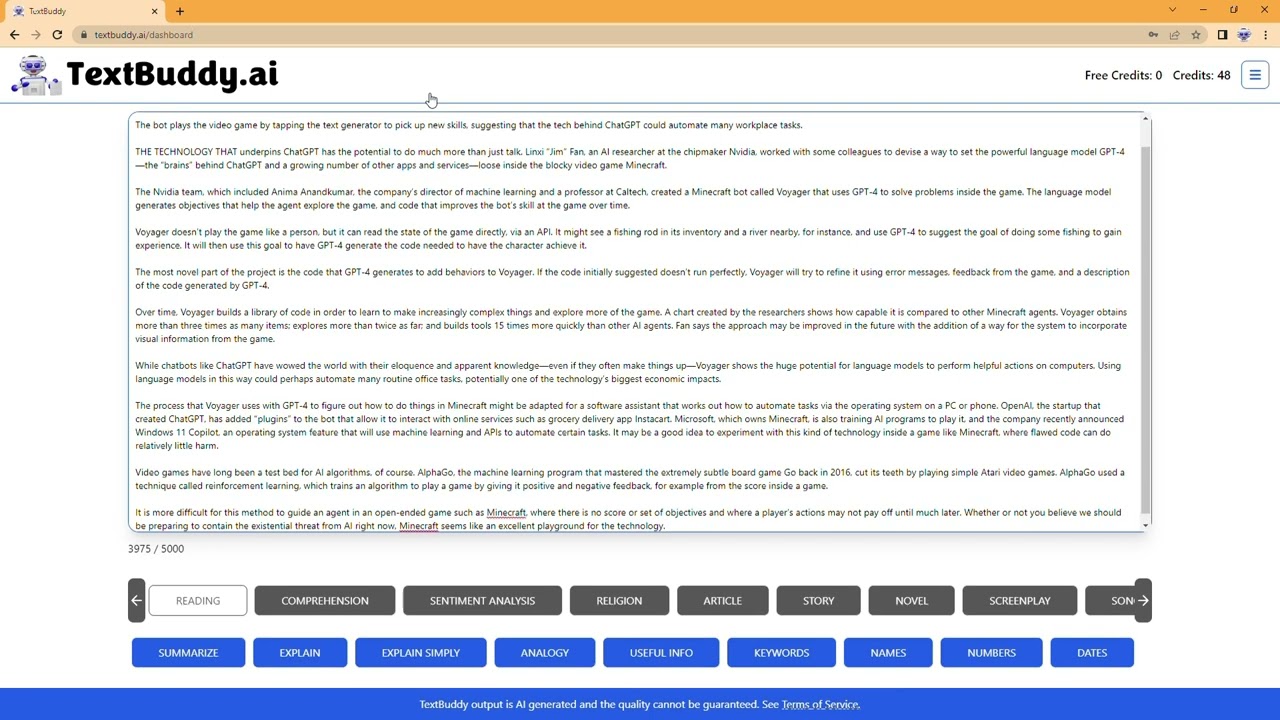TextBuddy.ai User Guide: Reading (Use AI to summarize & explain articles & legal documents)