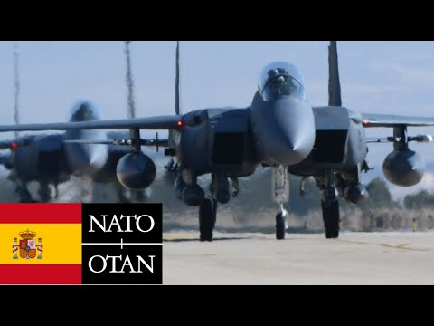 Spain, NATO. Mass takeoff of F-15E, F-16C, EF-18, Tornado, Rafale, Mirage 2000CD fighters.