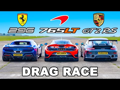 Ferrari 296 GTB v McLaren 765LT v Porsche GT2 RS: DRAG RACE