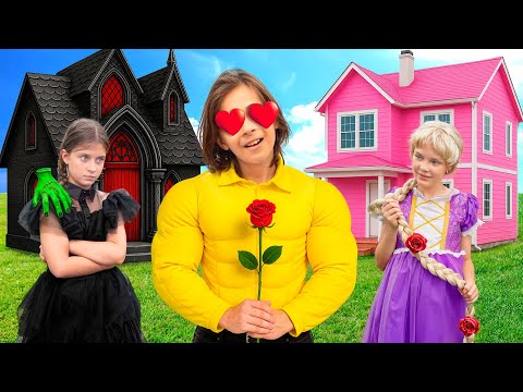 Black vs Pink house challenge - Wednesday vs Rapunzel