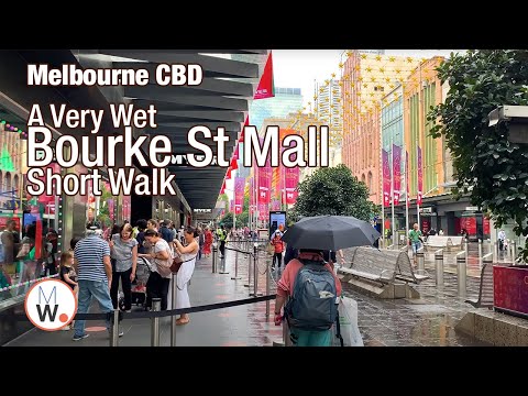 Bourke St Mall, em Melbourne, caminhada após a chuva🚶‍♀️ 🌧【4K】