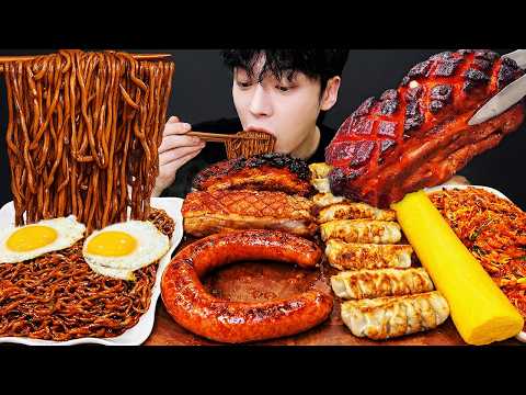 ASMR MUKBANG Home-cooked grilled thick pork belly, blcak noodles, dumplings, and sausage eating show