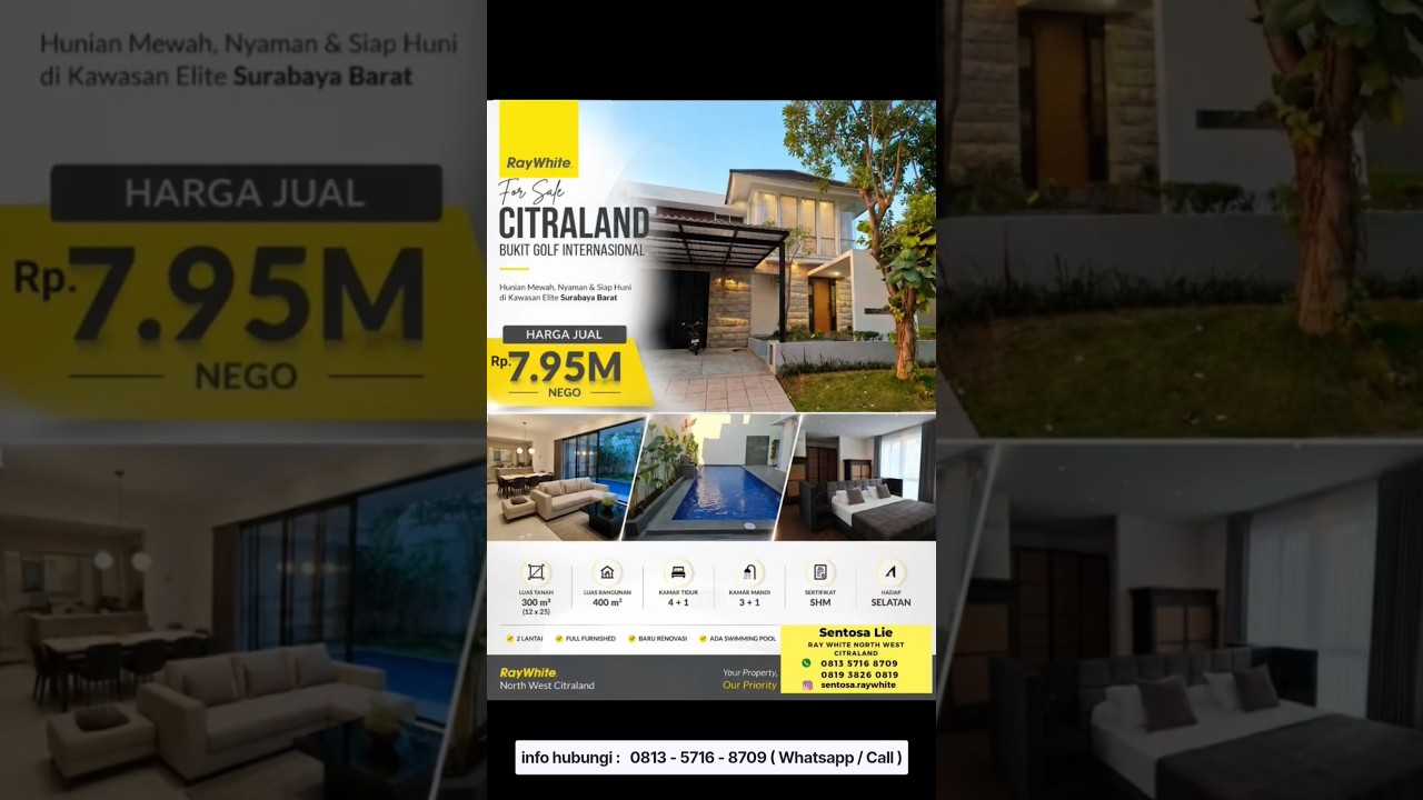 Cheap 300 M2 House at Bukit Golf Internasional Citraland West Surabaya - Private Pool Swimming Pool - New Full Furnished Modern - Garage Carport 3 Cars Near Ciputra University, Hokky Buah, Ciputra Hospital, Mercedes Benz Showroom Kedaung Citraland