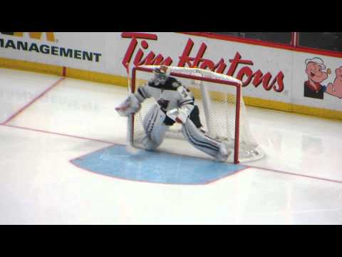 Niklas Backstrom warms up during the Wild @ Senators hockey game