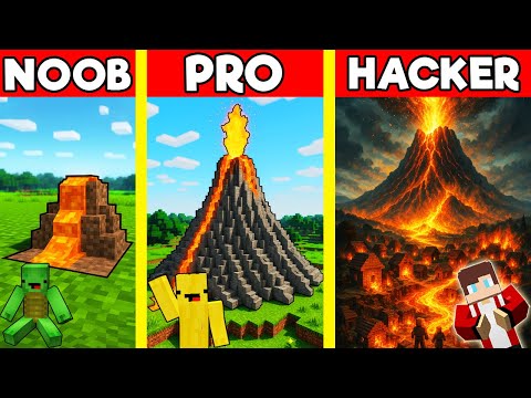 VOLCANO House Build Battle In Minecraft - NOOB VS PRO CHALLENGE - Maizen Mizen Mazien Parody