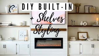 DIY BUILT-IN with Shelves Styling | DIY Fireplace and Mantle | Room Makeover | Decorate with me