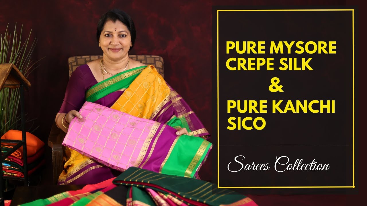 <p style="color: red">Video : </p>Pure Mysore Crepe Silk  &amp; Pure Kanchi Sico Sarees Collection | Gayathri Reddy | 2023-03-28