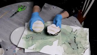 (863) Gorgeous Green and Gold Mixed Media Acrylic Pour Painting!