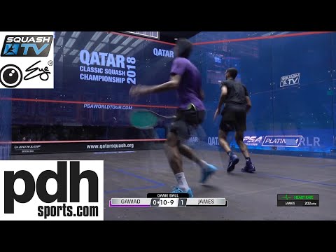 Declan James v Karim Abdel Gawad squash rally Qatar Classic 2018 with heart rate monitor