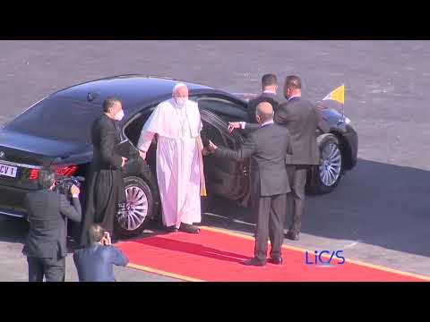 Pope Francis welcomed by Iraqi President Barham Salih at the Presidential Palace in Baghdad