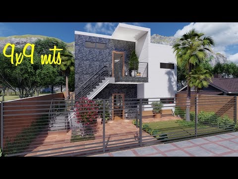 Plano de casa multifamiliar de 9x9 metros, con escalera exterior