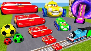FAT CAR vs LONG CARS with Big & Small: Wide Lightning Mcqueen vs Thomas Trains - BeamNG.Drive