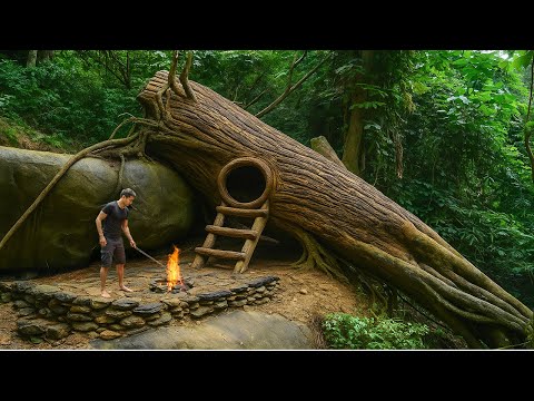 I Built a Hidden Shelter Inside a Hollow Tree. Secret Tree House, Bushcraft Survival