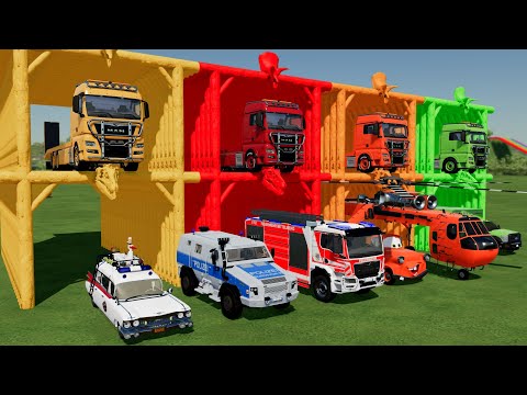 TRANSPORTING POLICE CARS, FIRE TRUCKS and AMBULANCE with MAN TRANSPORTERS! Farming Simulator 22