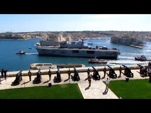 HMS 'Ocean' leaving Malta with a full-gun salute,12 March 2017