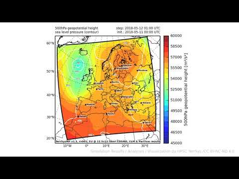 TerrSysMP monitoring run 2018-05-11 - geopotential and sea level pressure - Europe (72h)