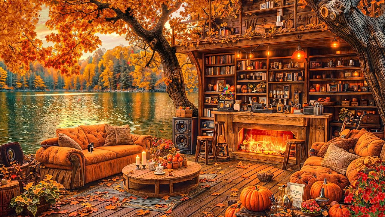 Relaxing Autumn Jazz at a Lakeside Outdoor Coffee Shop🍁Smooth Jazz Music & Cozy Fireplace for Work