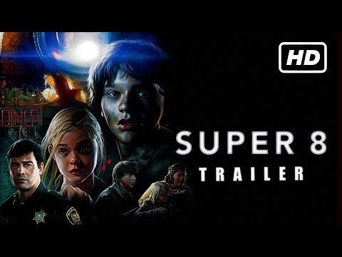 Super 8 trailer frame — the group bikes through town at dusk