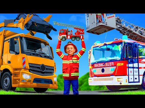 Kids Play with a Real Garbage Truck, Excavator & Fire Trucks