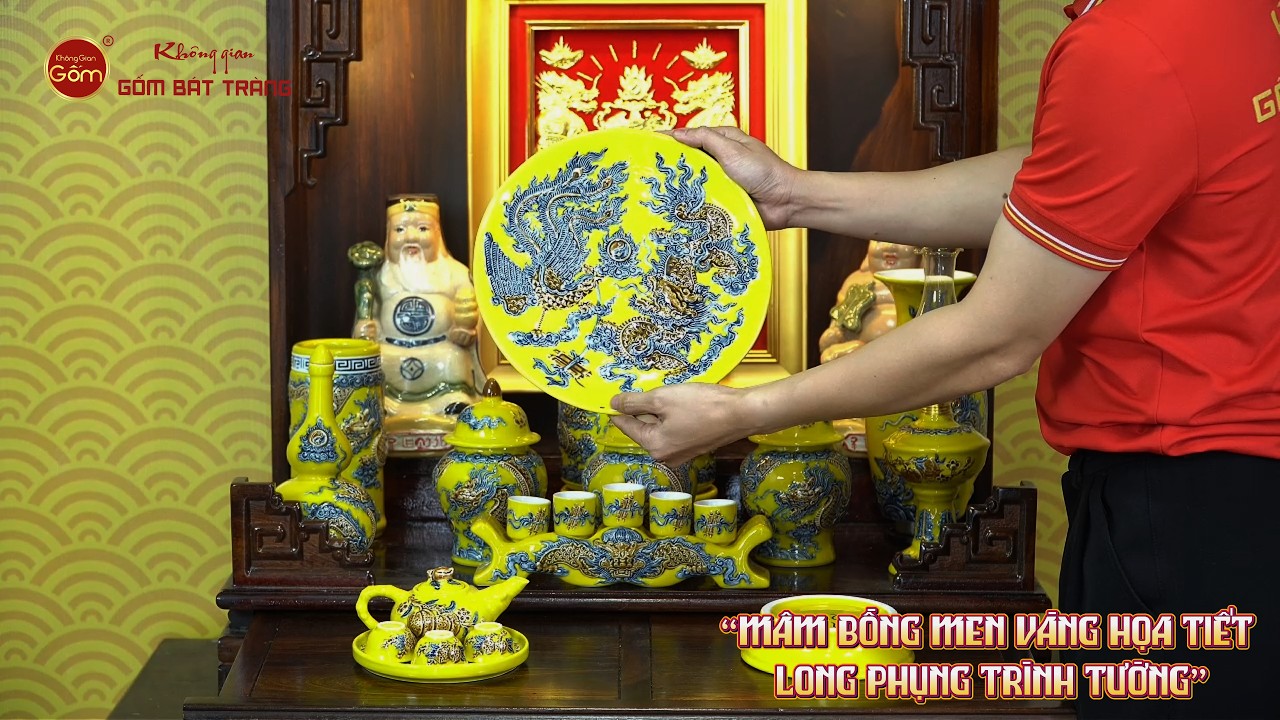 Mâm Bồng Thờ Men Vàng Họa Tiết Long Phụng Trình Tường