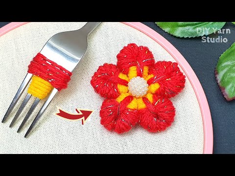 Easy Woolen Flower Making with Fork - Amazing Craft Ideas - No Crochet Yarn Flowers DIY Yarn Studio