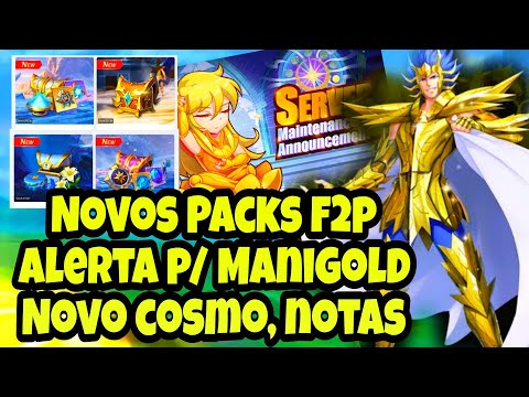 Packs F2P Acelerador de Conta. Cuidado Manigold Global. Novo Cosmo, Notas Att Saint Seiya Awakening