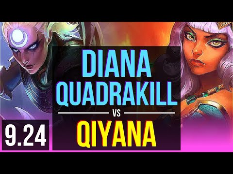 DIANA vs QIYANA (MID) | Quadrakill, Rank 4 Diana, KDA 9/0/0, Legendary | Korea Challenger | v9.24